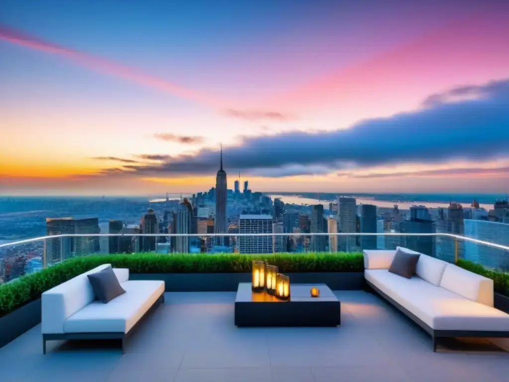 Penthouse de lujo con vista a la ciudad al atardecer Penthouse moderno con vista urbana al atardecer, diseño elegante y terraza, ideal para ROI en inmuebles de lujo