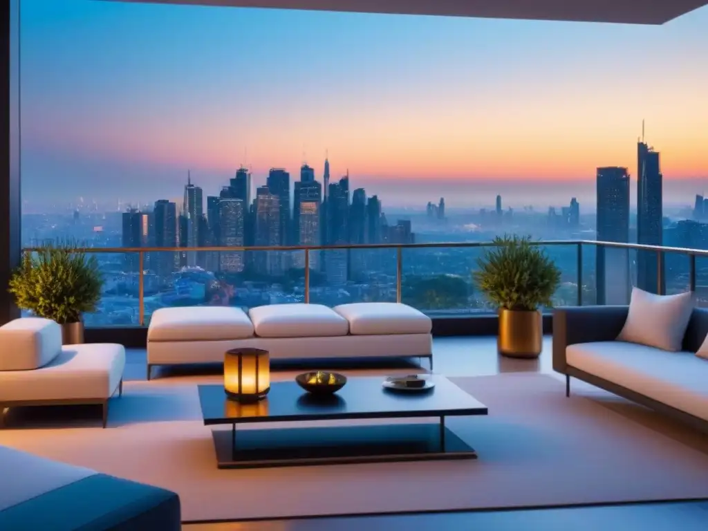 Penthouse de lujo con vista panorámica al atardecer Penthouse moderno con vistas a la ciudad al atardecer, elegante y acogedor para estrategias salida inversiones inmobiliarias