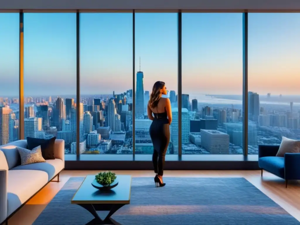 Penthouse moderno con vistas a la ciudad, mobiliario elegante y oficina en casa tecnológica
