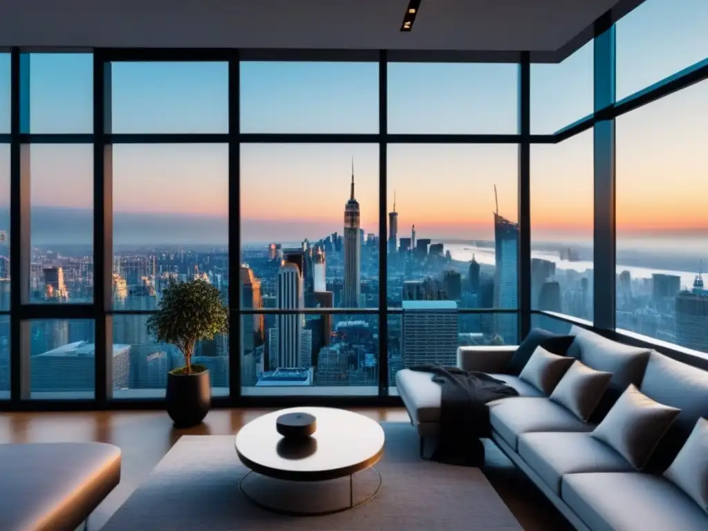Penthouse de lujo con vistas panorámicas en ciudad cosmopolita Un penthouse moderno con vistas a la ciudad, muebles contemporáneos y diseño minimalista de lujo