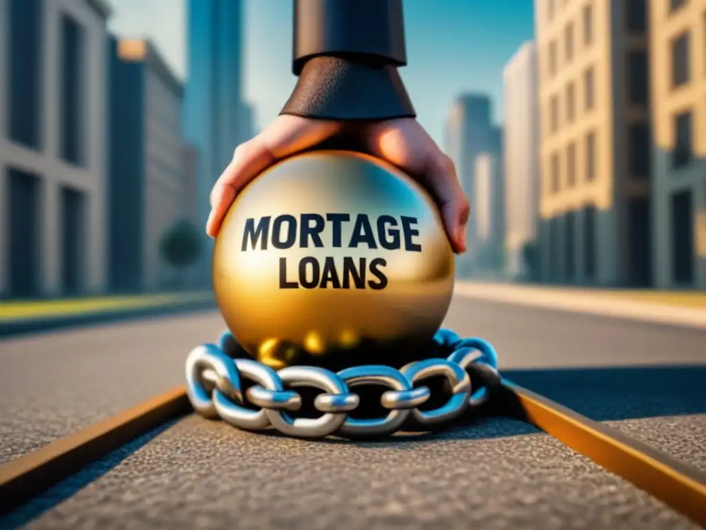 Persona agobiada por préstamo inmobiliario tradicional, atrapada por cadena de deuda, rodeada de imponentes bancos