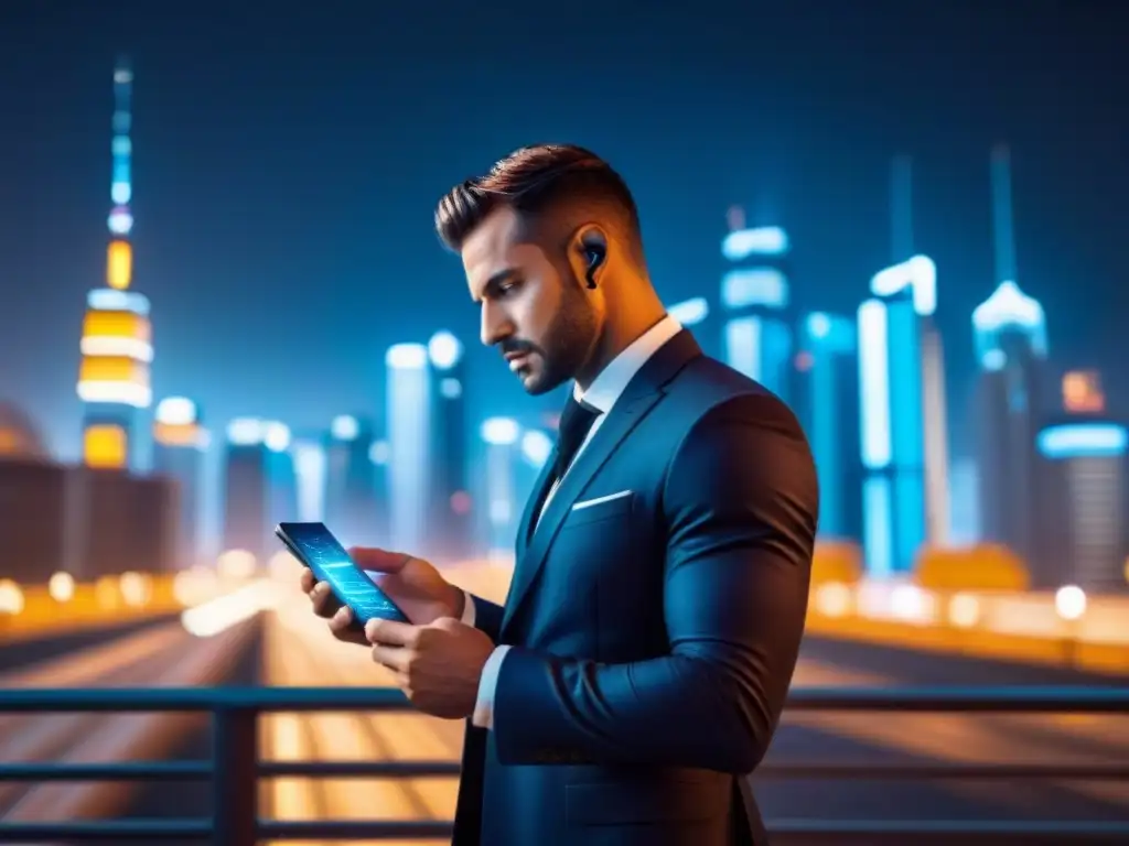 Finanzas inmobiliarias del futuro: app móvil innovadora Persona en ciudad futurista de noche, usa app móvil con gráficos financieros