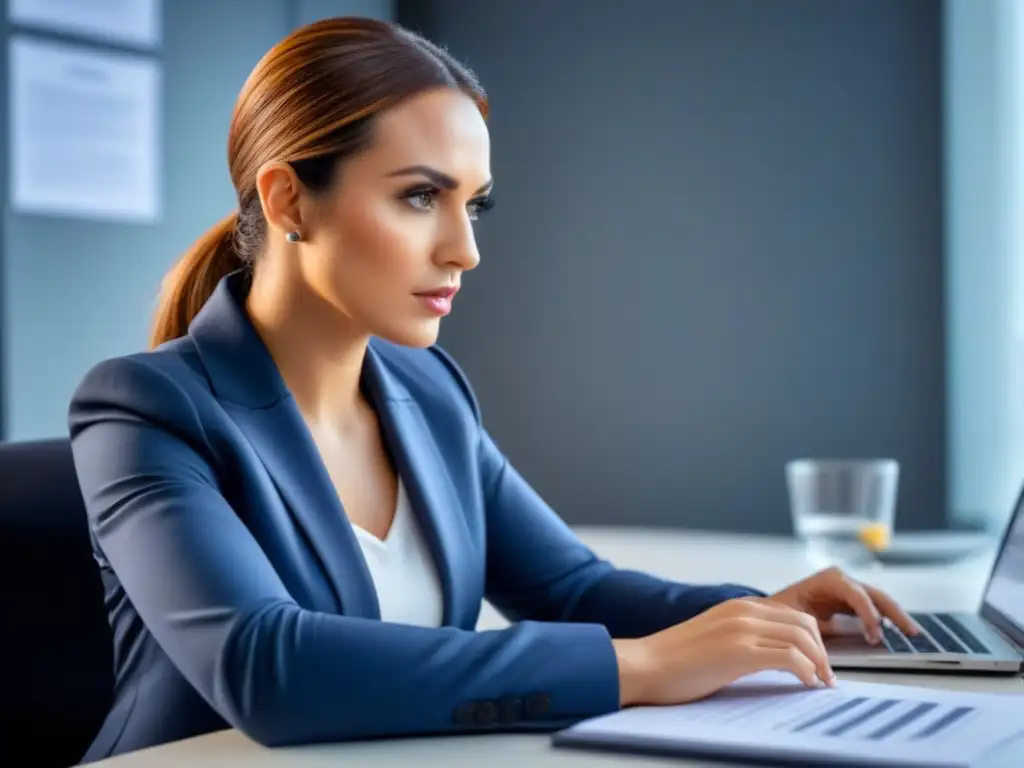 Experto analizando documentos financieros con determinación Persona concentrada analizando documentos financieros en un escritorio moderno, con laptop y gráfico de tasas de interés