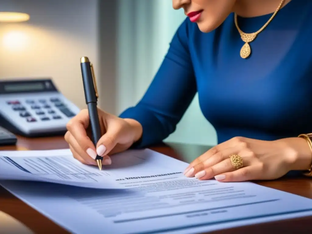 Examen meticuloso de documentos financieros para préstamo hipotecario Persona revisando detalladamente documentos financieros para solicitud de crédito inmobiliario, en un ambiente profesional y meticuloso
