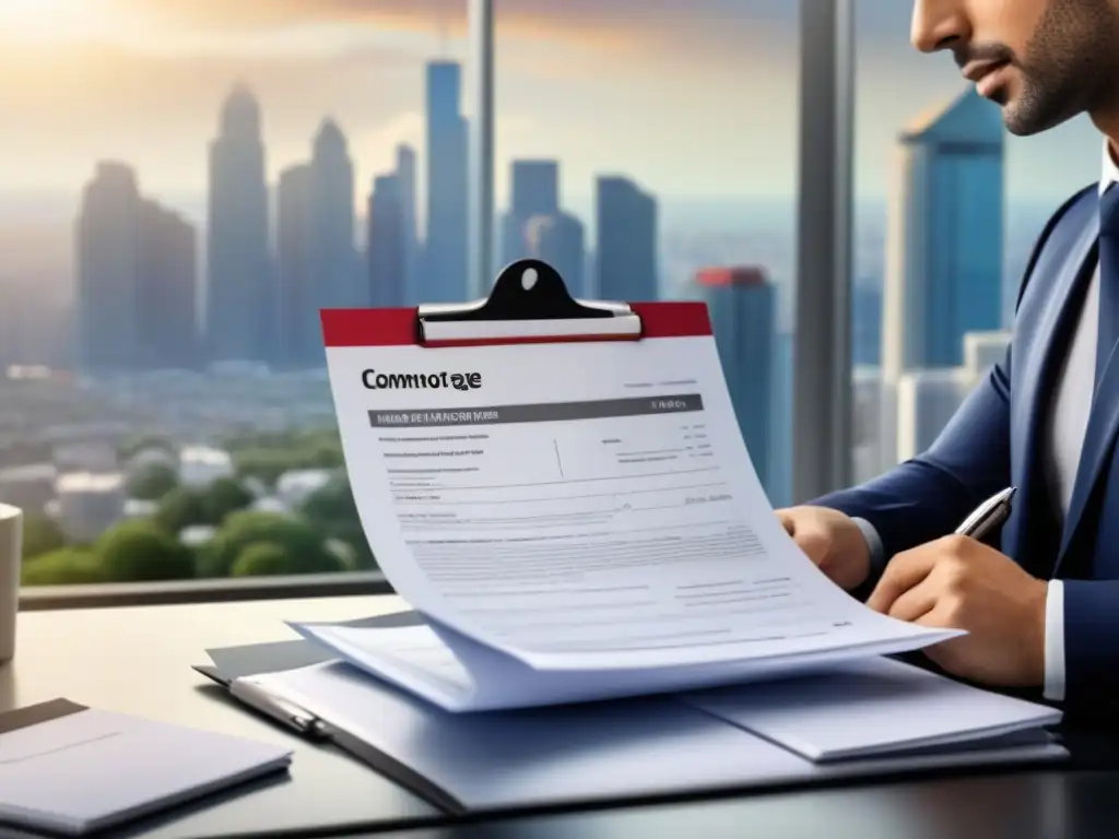 Revisión meticulosa de documentos hipotecarios: errores comunes Una persona revisa minuciosamente documentos hipotecarios con una lupa, destacando errores comunes