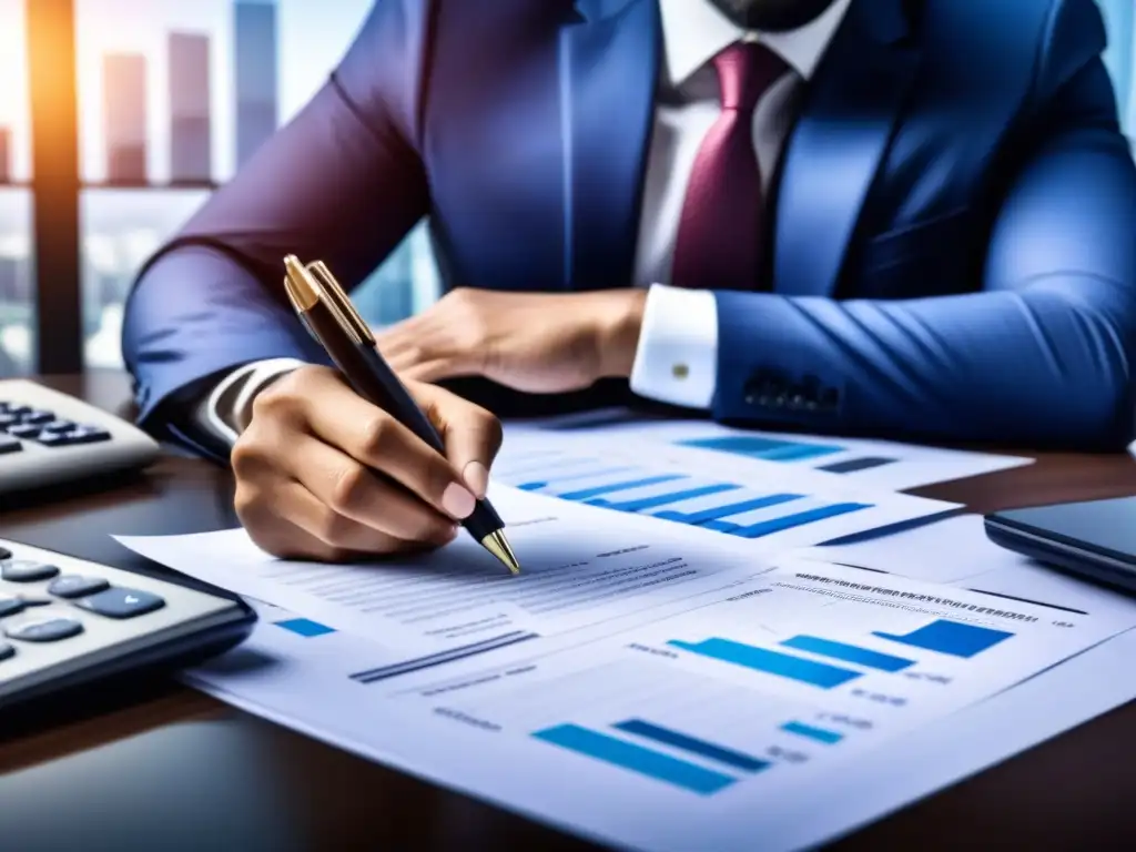 Persona revisando detalladamente documentos inmobiliarios y formularios fiscales en un escritorio organizado, rodeada de gráficos y calculadoras