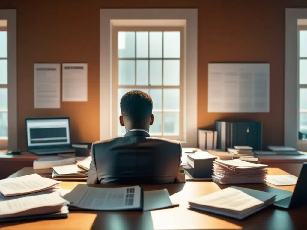Desesperación financiera: persona estresada intentando reparar historial crediticio Persona estresada en un escritorio con papeles y una laptop, buscando solucionar su crédito inmobiliario rechazado