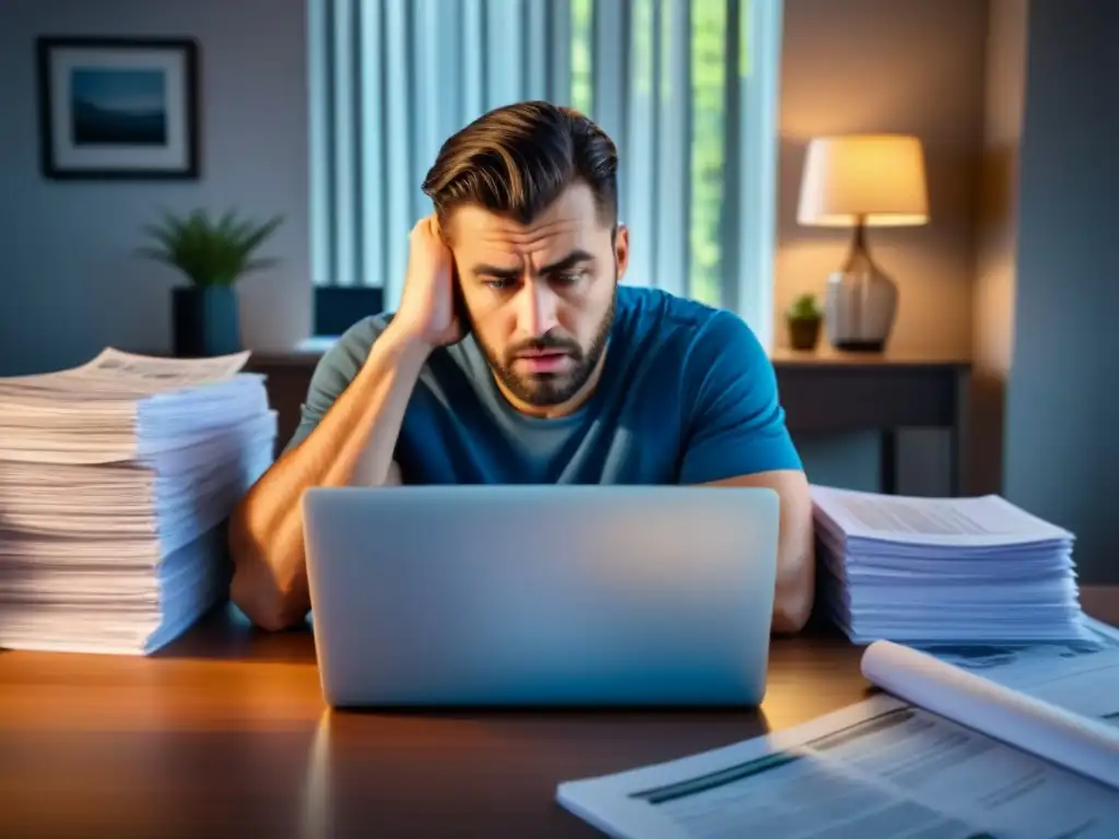 Desesperación financiera: baja tasación inmobiliaria Persona frustrada en escritorio desordenado con documentos inmobiliarios, calculadora y laptop mostrando mala tasación solicitud préstamo inmobiliario