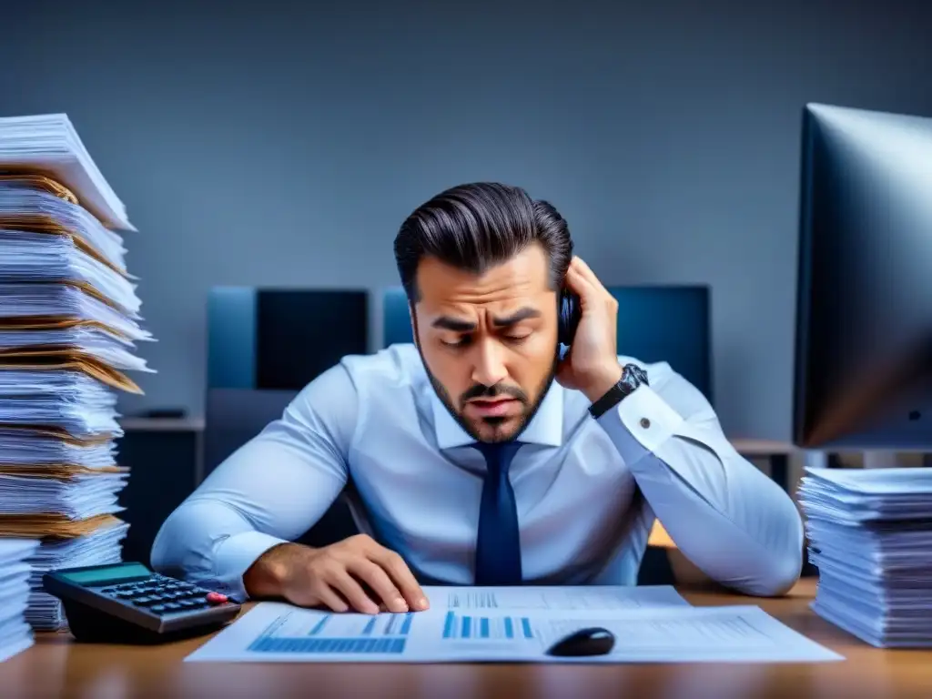 Persona frustrada rodeada de papeles y calculadoras en oficina moderna, reflejando errores en evaluación manual de préstamos inmobiliarios
