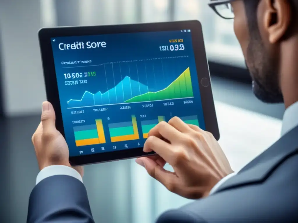 Análisis meticuloso de informe crediticio en tablet futurista Persona analizando detenidamente un informe de crédito en una tableta futurista en una oficina moderna, expresando determinación