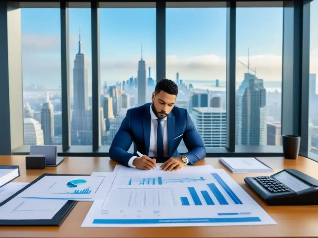 Experto en gestión financiera de bienes raíces Persona organizando con precisión documentos financieros y planos de viviendas en oficina moderna