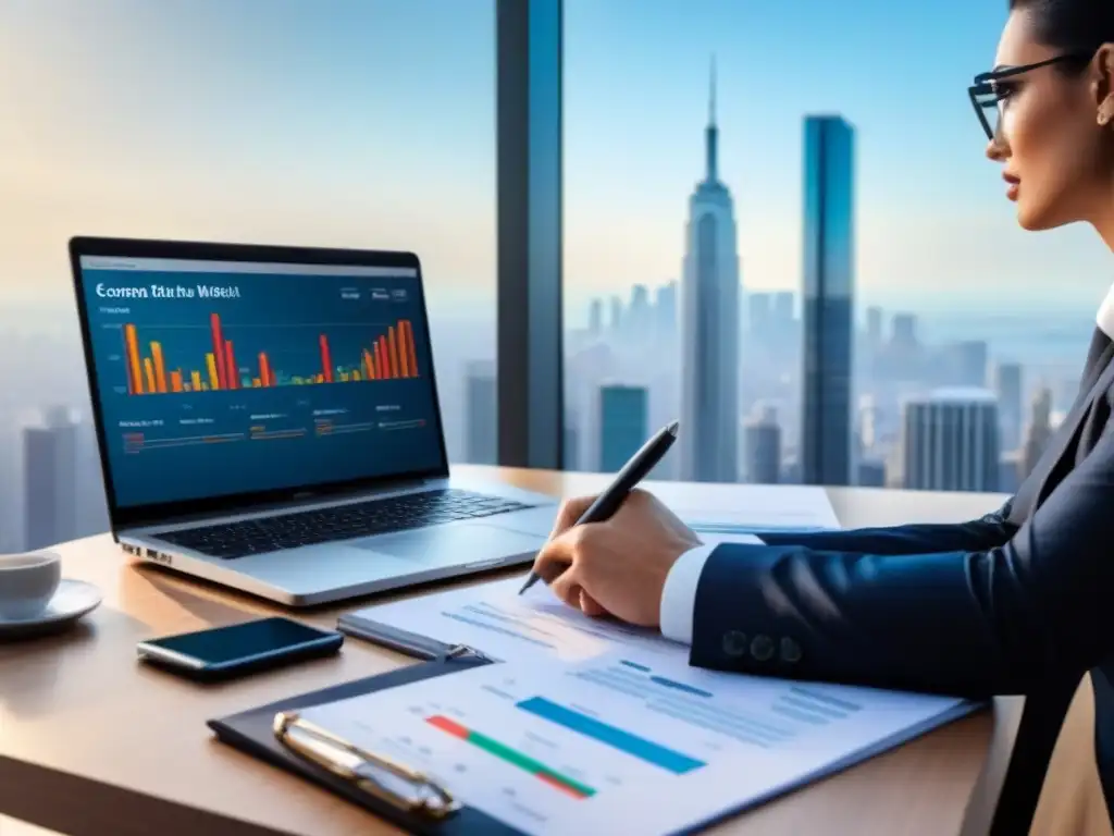 Oficina moderna: Inversión inmobiliaria y éxito financiero Persona profesional examina informe financiero sobre inversiones inmobiliarias, con skyline de ciudad al fondo