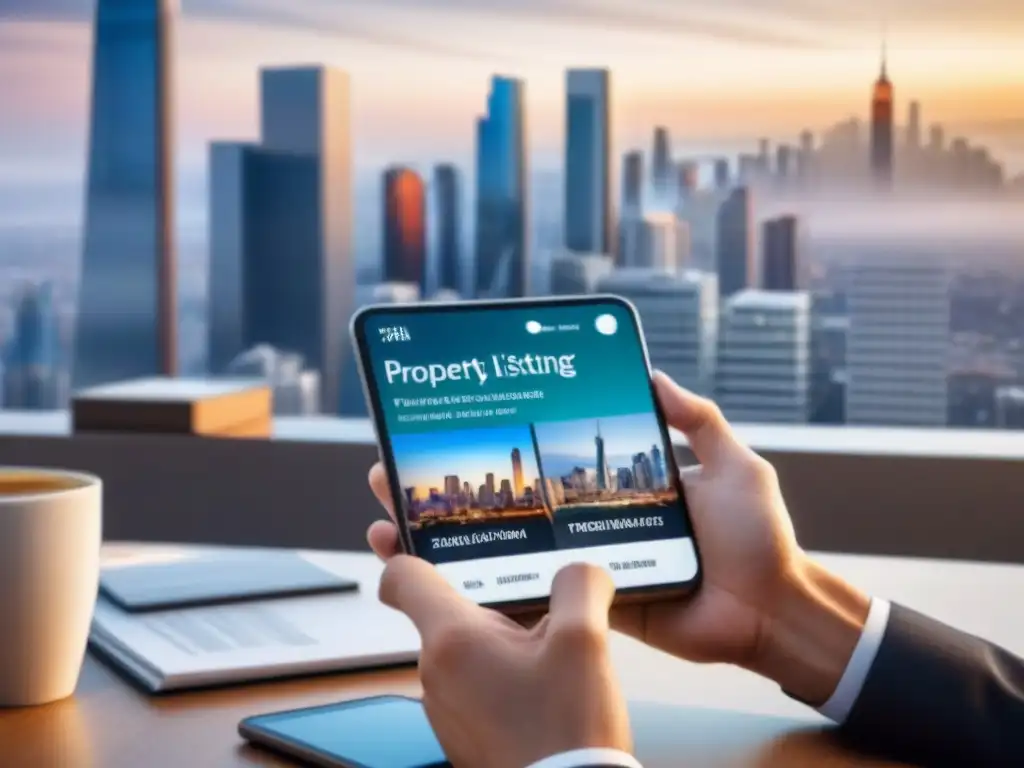 Explorando propiedades con app inmobiliaria en ciudad moderna Persona busca propiedades con app inmobiliaria, skyline de ciudad al fondo