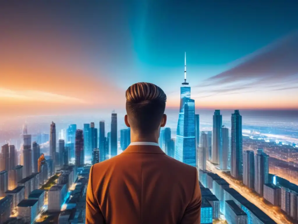 Reflexión inmobiliaria: decisiones futuristas Persona reflexiva ante variedad de opciones inmobiliarias en pantallas digitales futuristas, representando decisiones de compra en inmobiliaria