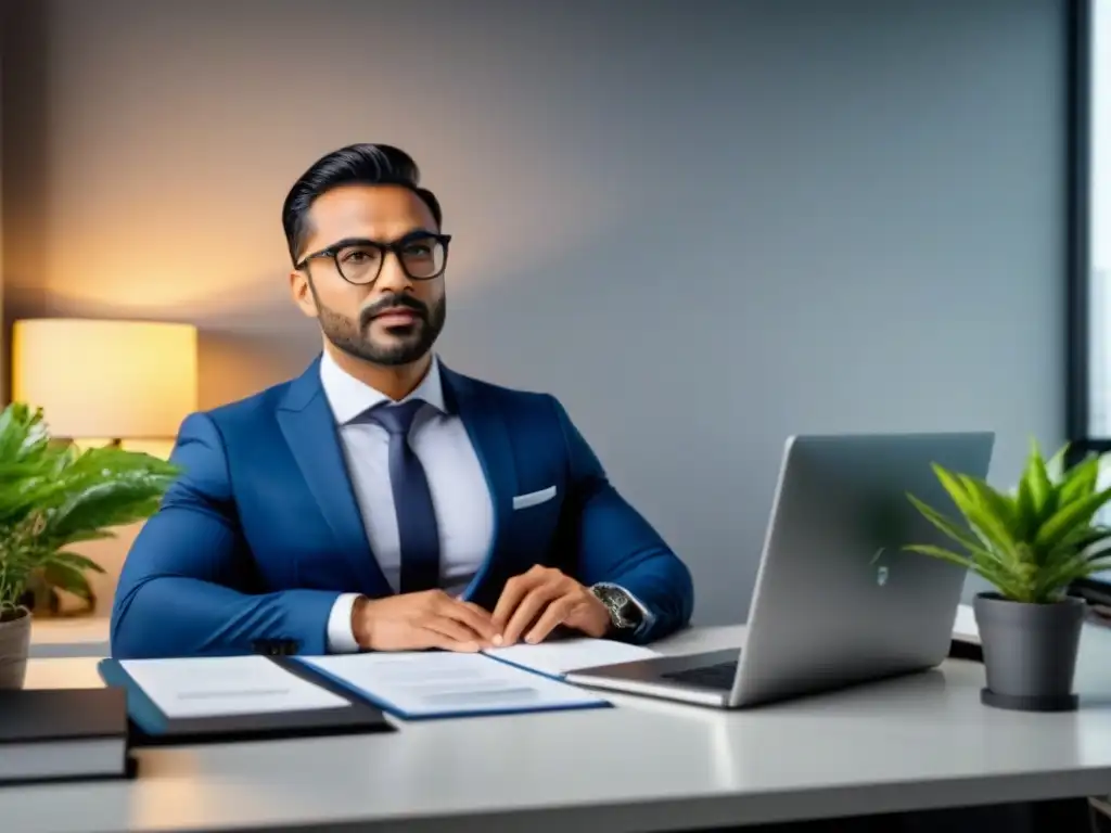 Oficina minimalista: Persona organizando documentos inmobiliarios Persona en traje organiza documentos de cumplimiento regulatorio préstamos inmobiliarios en moderno escritorio de oficina con laptop y café