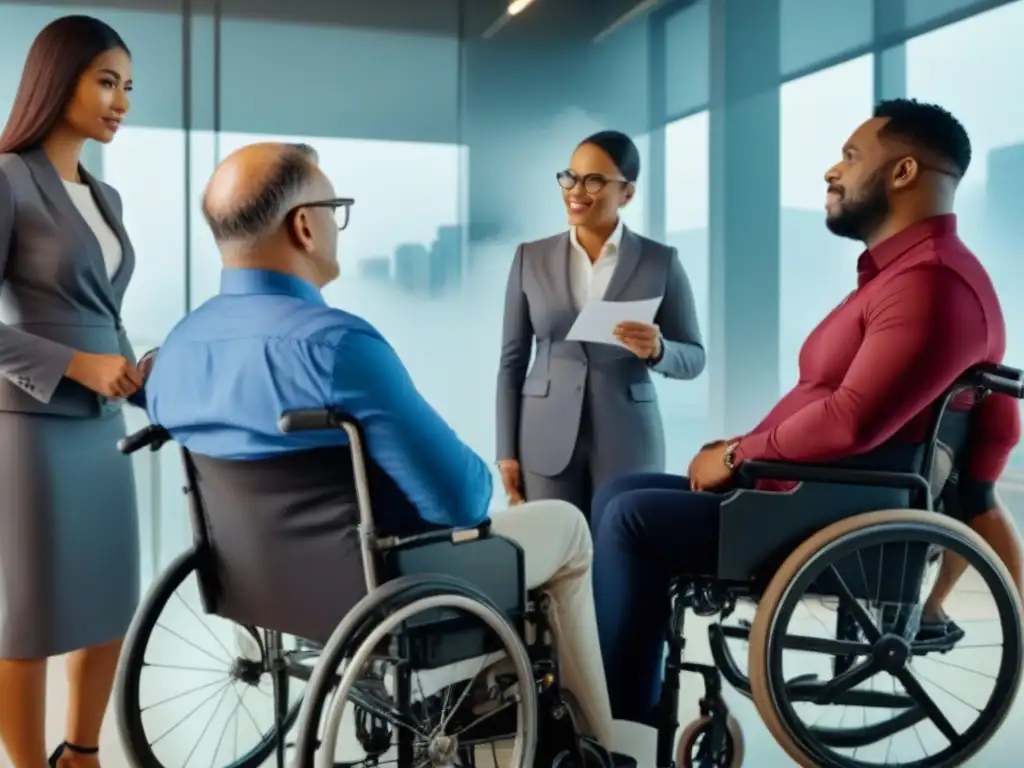 Empoderamiento financiero: diversidad y discapacidad en la oficina Personas con discapacidades discuten préstamos inmobiliarios, reflejando inclusividad y empoderamiento en oficina moderna