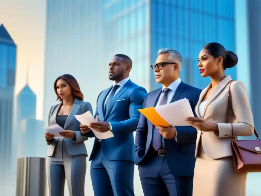 Multicultural en la fila de un banco moderno en la ciudad Personas diversas esperan afuera de un banco moderno con documentos, representando acceso igualitario al crédito inmobiliario