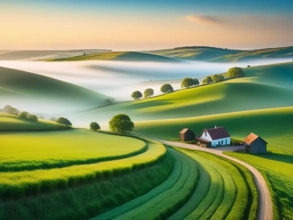 Paisaje rural al amanecer: granja encantadora en colinas verdes Pintoresca casa rural rodeada de colinas verdes y río al amanecer, con luz dorada y atmósfera tranquila