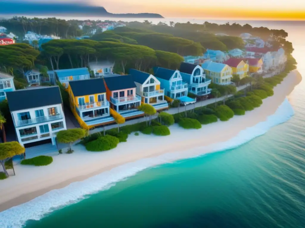 Resplandeciente atardecer en un pueblo costero de ensueño Un pintoresco pueblo costero con casas de playa coloridas y exuberante vegetación al atardecer