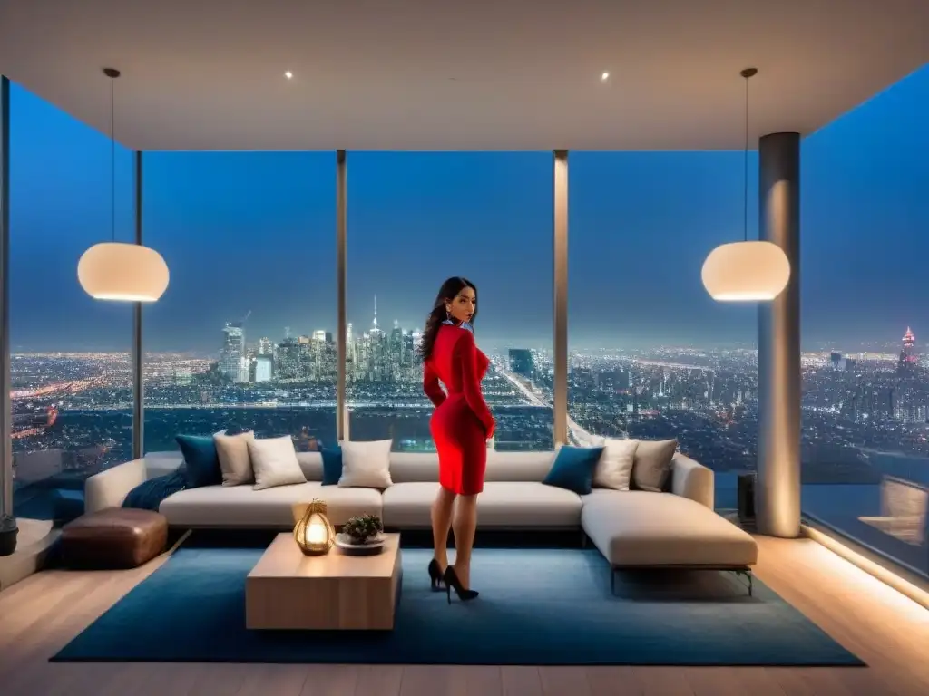 Penthouse de lujo con vista panorámica nocturna de la ciudad Piso de lujo con vista nocturna de la ciudad, diseño elegante y terraza panorámica