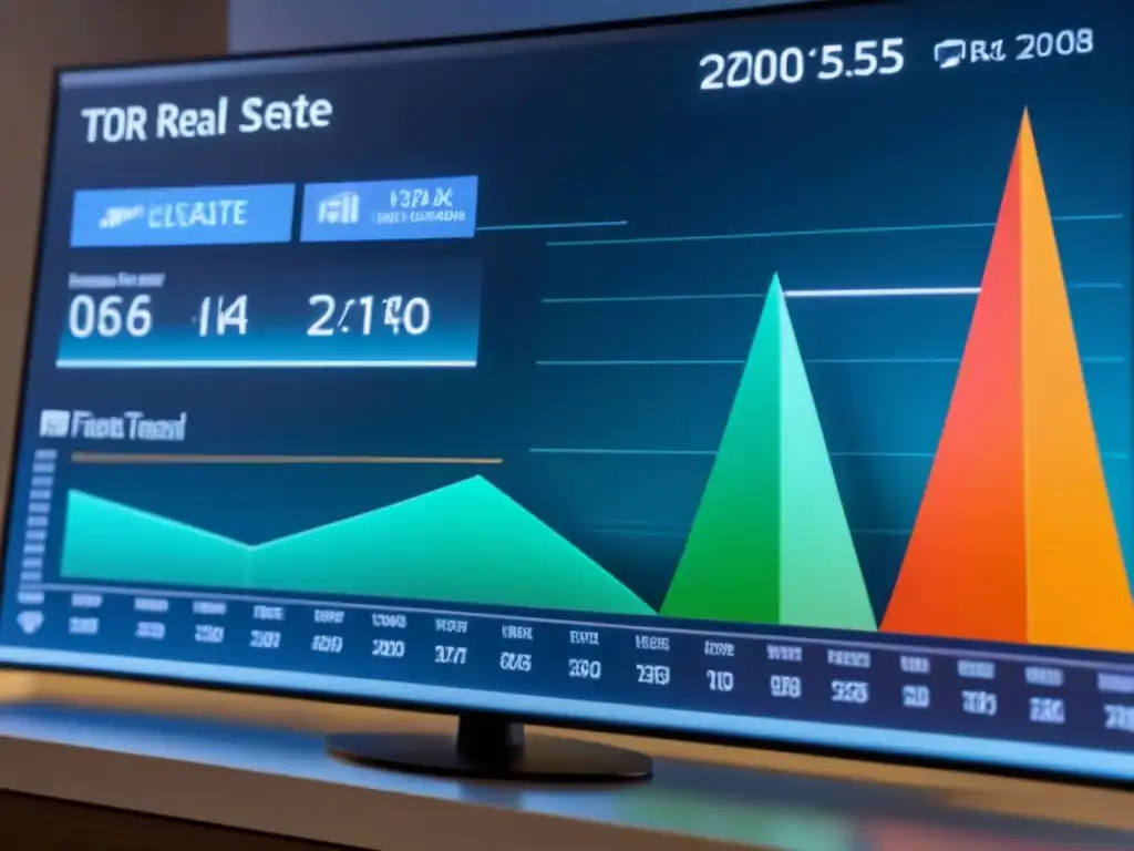 Plataforma financiera de real estate innovadora en pantalla futurista Plataforma financiera para bienes raíces: interfaz futurista y profesional con gráficos de datos e innovación