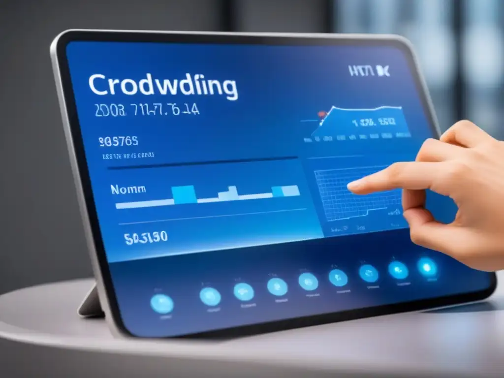 Plataforma Futurista para Crowdfunding Inmobiliario Plataforma futurista de crowdfunding inmobiliario con tecnología avanzada en azul y plateado