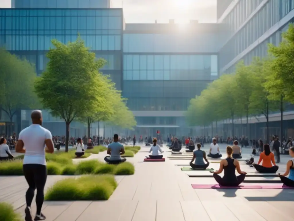 Plaza urbana vibrante: yoga, ciclismo y deporte en comunidad Plaza urbana llena de vida con actividades saludables