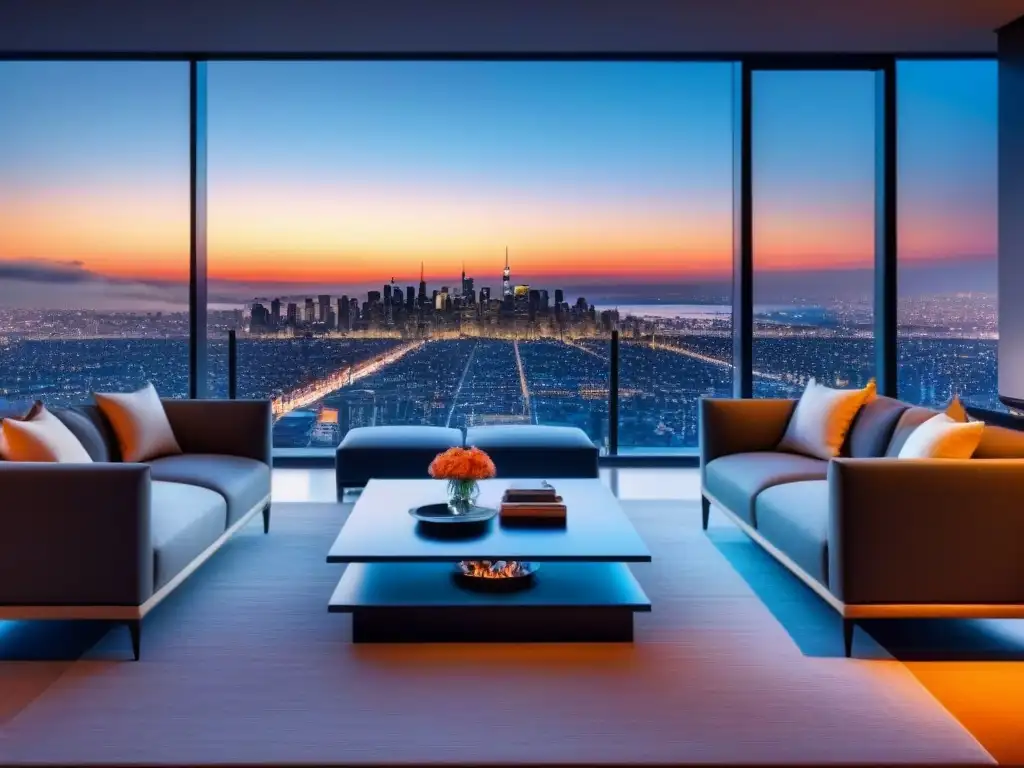 Salón de lujo con vista a la ciudad al atardecer Planificación portafolio propiedades equilibrado: sala de estar moderna de lujo con vista a la ciudad al atardecer