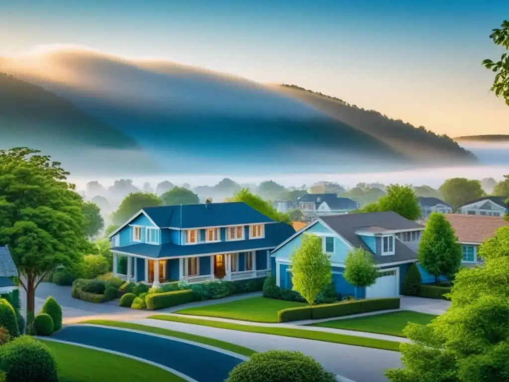 Portafolio inmobiliario diverso y equilibrado Fotografía de un portafolio de propiedades equilibrado con variedad de viviendas y edificios comerciales en una composición armoniosa y moderna