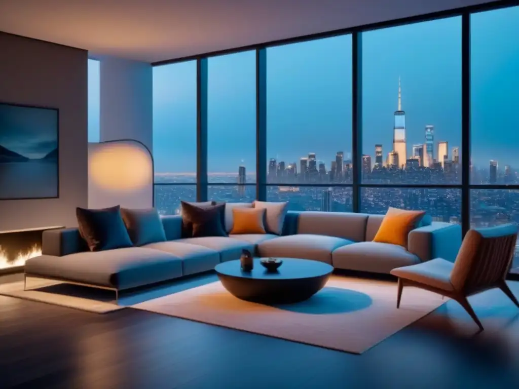 Sofisticada sala de estar en propiedad de lujo renovada Guía para principiantes en Flipping: Sala moderna y elegante con vista a la ciudad al atardecer, iluminación cálida y minimalista