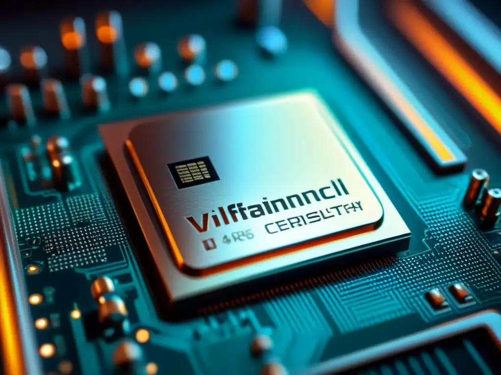 Chip ARM futurista: detalle y tecnología avanzada Un procesador ARM futurista con detalles intrincados y acabados metálicos, sobre un fondo digital de alta tecnología