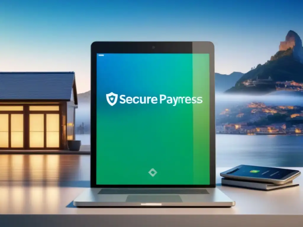Proceso de pago seguro para financiamiento inmobiliario Un proceso de pago online seguro para financiamiento inmobiliario, con diseño moderno y elementos de seguridad