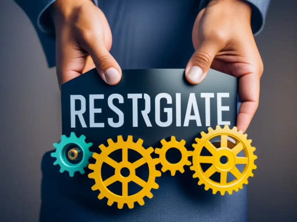 Proceso eficiente de reestructuración de deudas inmobiliarias Proceso paso a paso de reestructuración de deudas inmobiliarias con engranajes interconectados sobre fondo minimalista