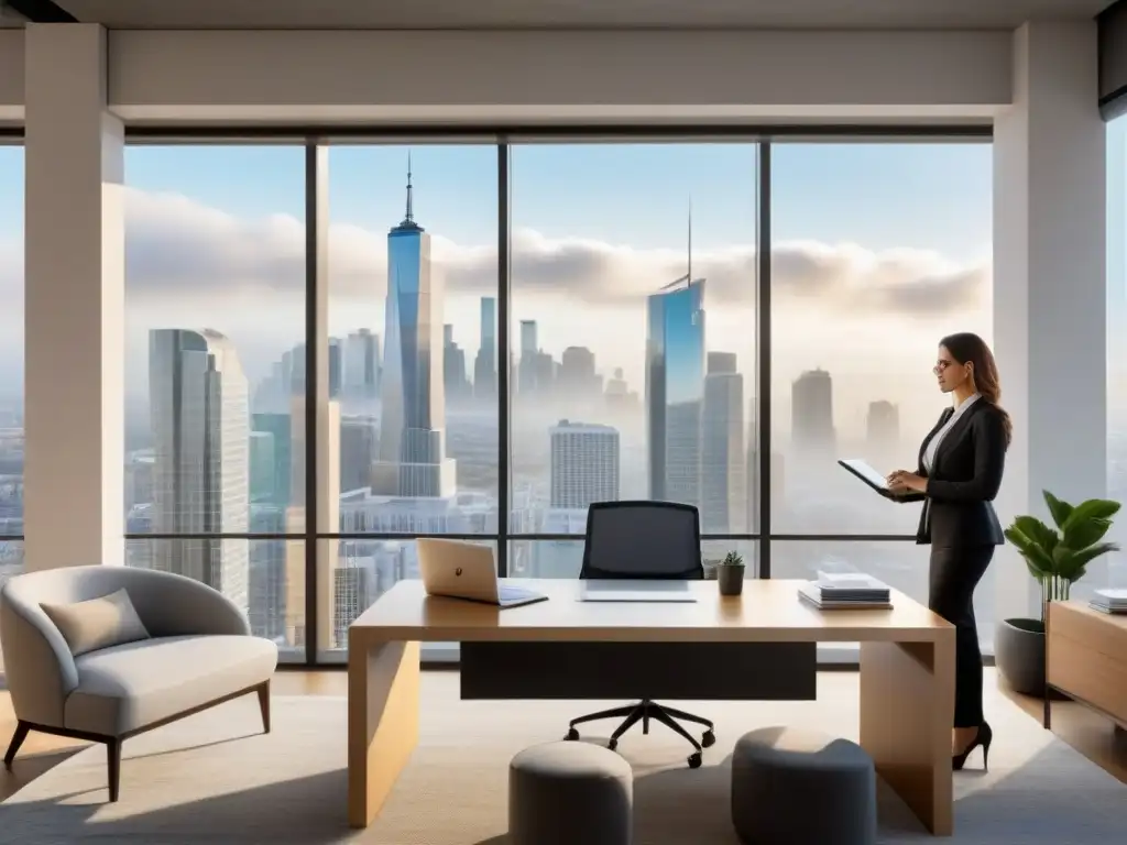 Oficina moderna: Análisis inmobiliario en la ciudad Profesional analizando análisis de mercado decisiones inmobiliarias en oficina moderna con vista a la ciudad