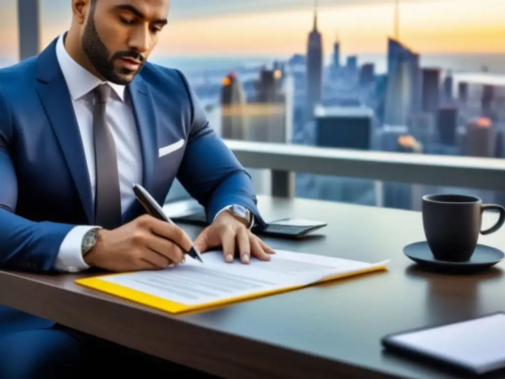 Profesional revisando contrato inmobiliario en oficina moderna con cláusulas transparentes en financiamiento inmobiliario