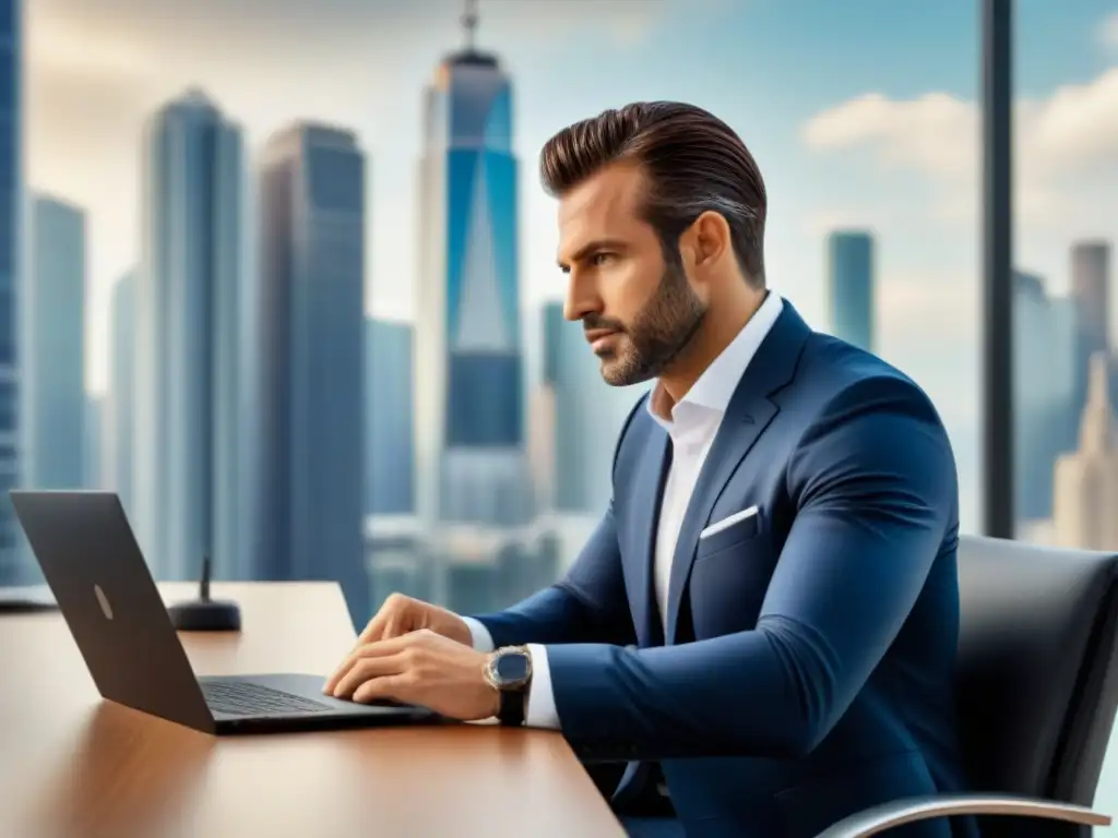 Profesional revisando documentos de reestructuración de deuda inmobiliaria Profesional revisa documentos sobre reestructuración de deudas inmobiliarias en oficina con vista a la ciudad