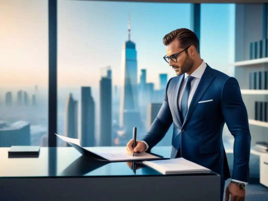 Oficina elegante con vista panorámica y profesional revisando documentos Un profesional revisa documentos en elegante oficina con vista a la ciudad