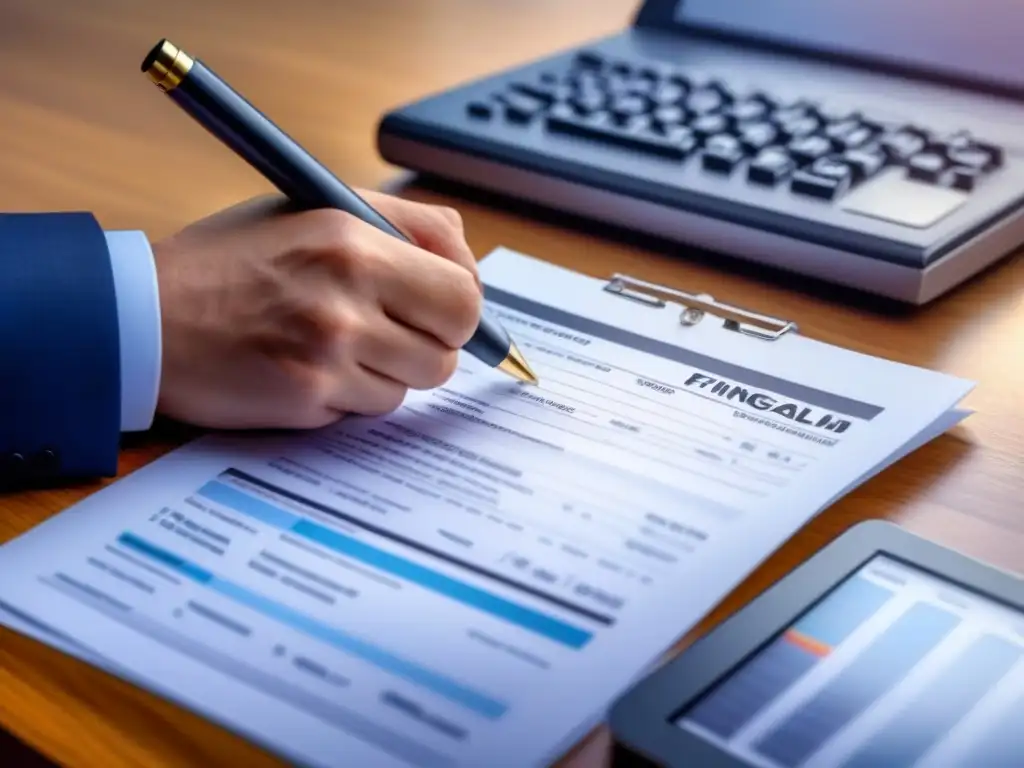 Análisis financiero detallado para financiamiento inmobiliario Un profesional examina documentos financieros sobre financiación inmobiliaria, mostrando transparencia y evitando errores