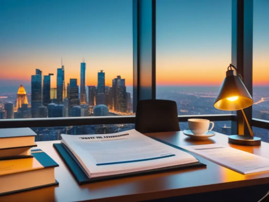 Profesional revisa documentos fiscales en oficina moderna Profesional revisando documentos de impuestos rodeado de libros, con vista a la ciudad al atardecer