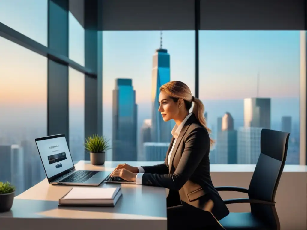 Oficina moderna en rascacielos: influencer marketing Un profesional enfocado en un elegante espacio de oficina en un rascacielos, trabajando en una estrategia de marketing de influencers inmobiliario