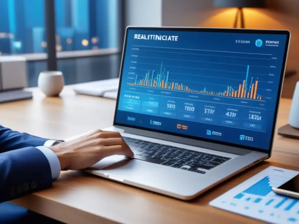 Interfaz digital futurista para financiamiento inmobiliario Un profesional interactúa con una interfaz digital futurista mostrando gráficos financieros