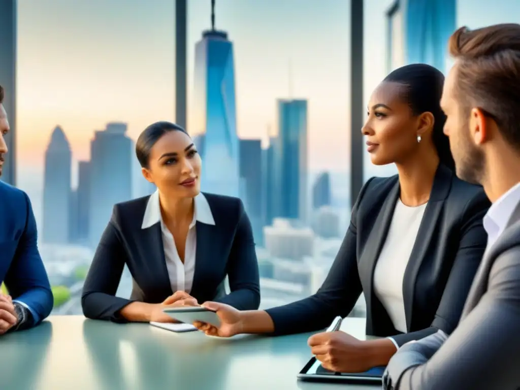 Liderazgo femenino en reunión de negocios frente a la ciudad Profesional mujer liderando reunión de negocios en oficina moderna