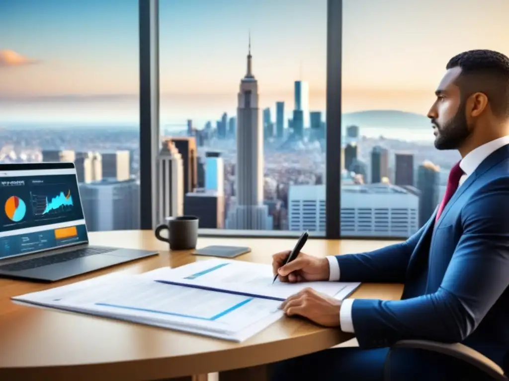 Negociación financiera en oficina moderna con vista a la ciudad Profesional negociando préstamo inmobiliario con gráficos de interés, ciudad de fondo