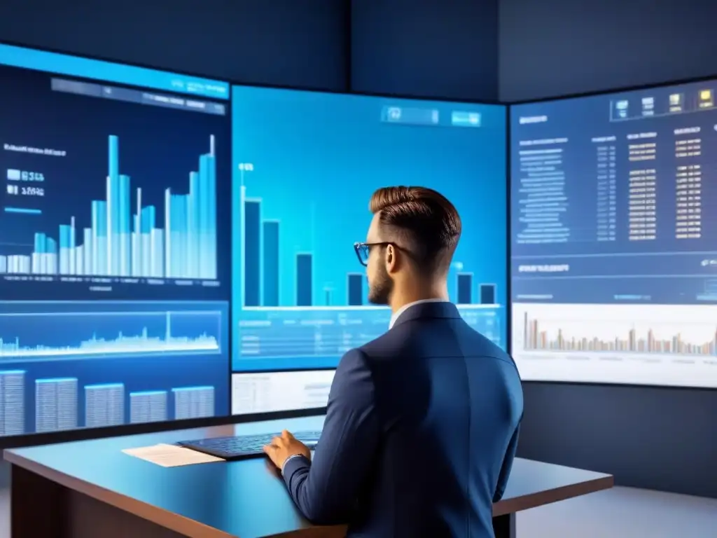Análisis financiero futurista en pantalla holográfica Un profesional analiza proyecciones financieras en pantalla holográfica, rodeado de gráficos virtuales