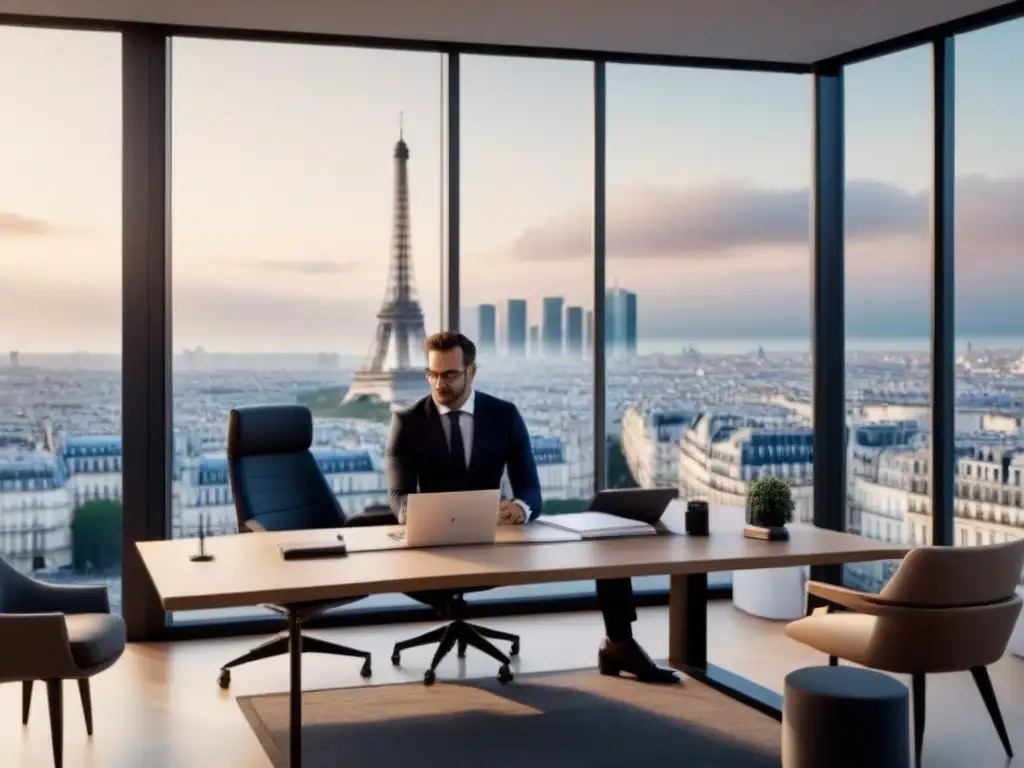 Oficina moderna en París: estudio de regulaciones financieras inmobiliarias en Francia Profesional estudiando regulaciones financiamiento inmobiliario Francia en elegante oficina parisina con vista a la ciudad