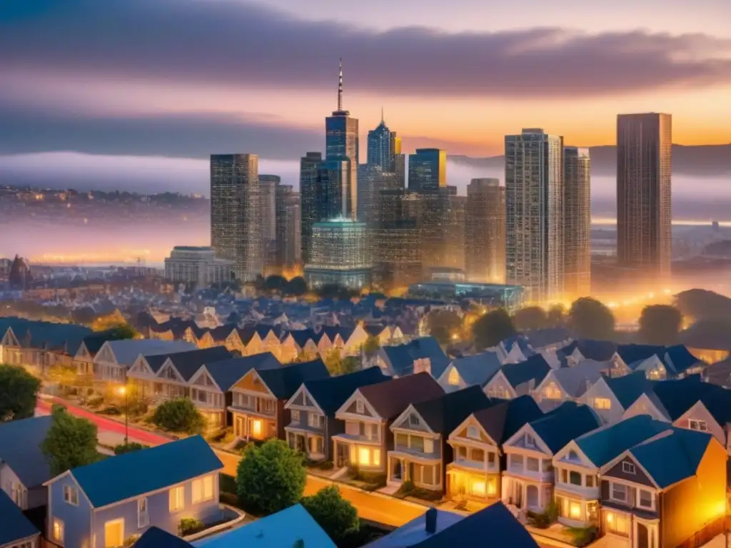 Conversación inclusiva sobre financiamiento inmobiliario al atardecer Profesionales debaten sobre Acceso equitativo al crédito inmobiliario en una ciudad diversa al anochecer