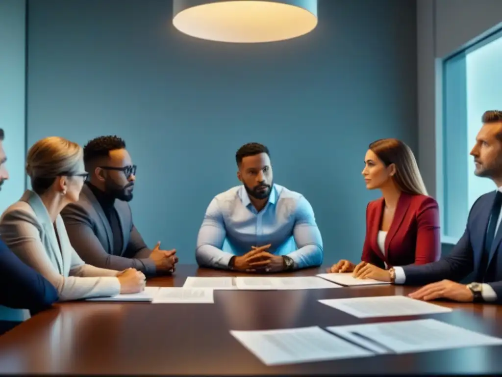 Profesionales expertos negociando estrategias inmobiliarias Profesionales negociando con acreedores inmobiliarios en una sala elegante y moderna