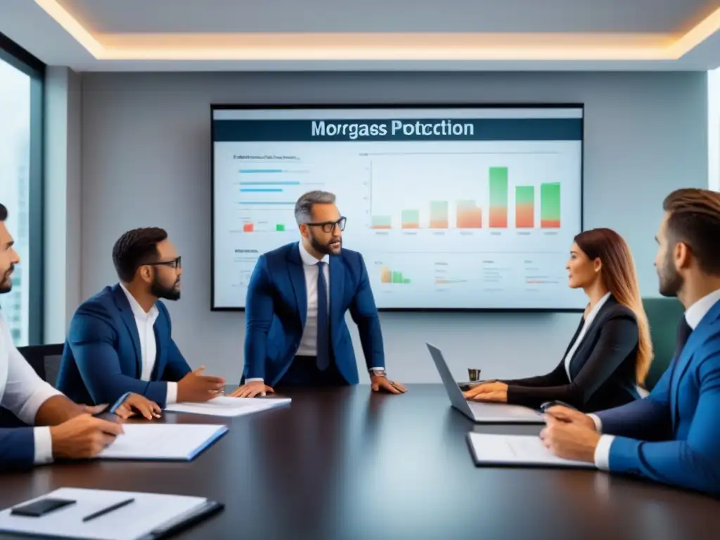 Profesionales expertos debatiendo protección hipotecaria en oficina moderna Profesionales debatiendo sobre guía hipotecas protección activos inmobiliarios en oficina moderna
