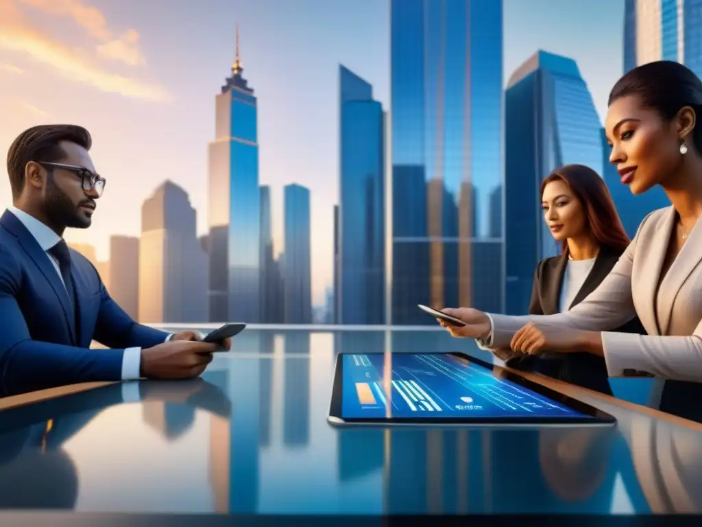 Centro financiero vibrante al atardecer: innovación y éxito Profesionales en ajetreada zona financiera, reflejando éxito y colaboración