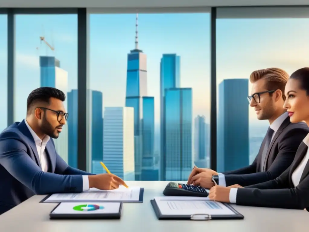 Profesionales analizan reformas fiscales en oficina moderna Profesionales discuten sobre amortizaciones inmobiliarias en oficina moderna con vista a la ciudad